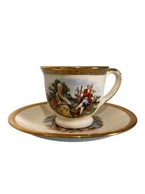 Homer Laughlin Georgian Eggshell Courting Couple Demitasse Cup and Saucer 22K
